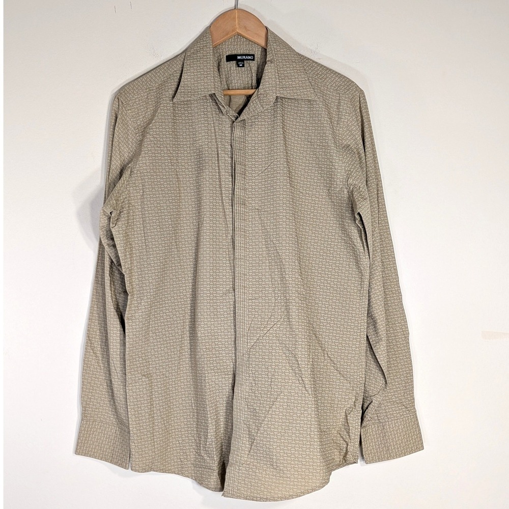 Murano Tan Button Down Shirt; Geometric Print, Long Sleeve, 100% Cotton, Size M